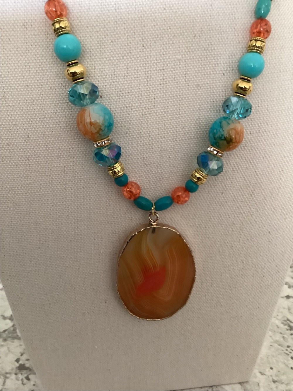 Artisan long beaded necklace with a banded agate orange pendant - Picture 2 of 12